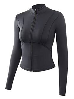 FEOYA Damen Slim Fit Yoga Sport Jacke Full Zip Daumenloch Oberbekleidung Sweatjacke mit Stehkragen L von FEOYA
