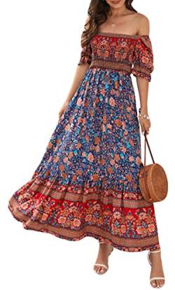 FEOYA Damen Sommer Kleider Freizeitkleider Bodenlange Maxikleid Boho Strand Casual Urlaub Kleider Größe XL/DE Größe 38-40-B-Blau von FEOYA