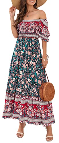 FEOYA Damen Sommerkleid Kurzarm Lässig V-Ausschnitt Blumendruck Maxi Kleid Partykleid Freizeitkleid Strandkleider - XXL von FEOYA