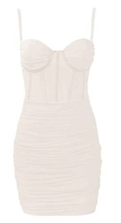 FEOYA Damen Spaghettiträger Gerafftes Mini Mesh Kleid Tube Top Bodycon Kurz Tüllkleid Sommer Sexy Fishbone Club/Party/Cocktailkleider S-XL, A Off White, Medium von FEOYA