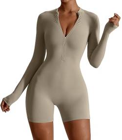 FEOYA Damen Turnanzug Sport Body Slim Fit Bodysuit Dehnbarer Gymnastikanzug mit Langen Ärmeln Hersteller S/DE Größe XXS-Khaki von FEOYA