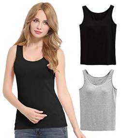 FEOYA Damen Unterhemd BH-Hemd Basic 2er Pack BH Push up Yoga Bügelloser U-Ausschnitt Eingebauter Bra Bügelloser Gepolstert Tank Tops Top Set Sport-BHS für Women-Schwaz+Grau-S von FEOYA