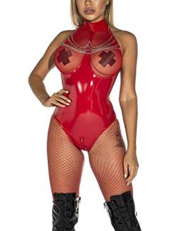 FEOYA Damen Wetlook Bodysuit Dessous Body Unterwäsche Gogo Stringbody Brust Harness PU Leder Halsband mit Kette von FEOYA