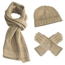 FEOYA Damen Winter Warme Gestrickt Mütze Schal Handschuhe Weich Strickset Wollmütze Geschenkset von FEOYA