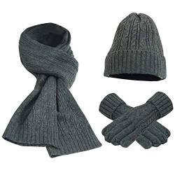 FEOYA Damen Winter Warme Gestrickt Mütze Schal Handschuhe Weich Strickset Wollmütze Geschenkset von FEOYA