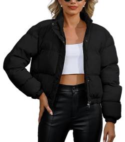 FEOYA Damen Winterjacken Crop Pufferjacke Langarm Reißverschluss Oberbekleidung Leichter Kurzer Wärmemantel Jacke Schwarz M von FEOYA