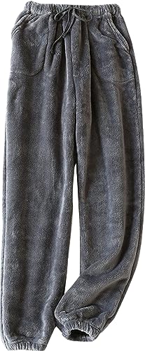 FEOYA Damne Warme Pyjamahose Lang Plüsch Flauschige Schlafanzughose Flanell Fleece Pyjama Hose Fuzzy Loungewear Haushose Grau S von FEOYA