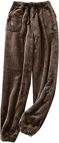 FEOYA Damne Warme Pyjamahose Lang Plüsch Flauschige Schlafanzughose Flanell Fleece Pyjama Hose Fuzzy Loungewear Haushose Kaffee S von FEOYA