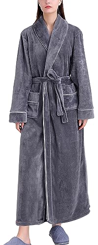 FEOYA Fleece Bademantel Damen Lang Plüsch Morgenmantel mit Schalkragen Warme Flanell Winter Robe XL Grau von FEOYA