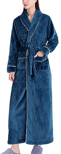 FEOYA Fleece Bademantel Damen Lang Plüsch Morgenmantel mit Schalkragen Warme Flanell Winter Robe XL Grün von FEOYA