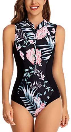 FEOYA Frauen Floral Gedruckt Rash Guard Ärmellos Einteiliger Badeanzug Sonnenschutz Surfen Bademode Reißverschluss Front Wetsuit Schwimmen Kostüm Zip Up Badeanzug Schwarz XXL von FEOYA