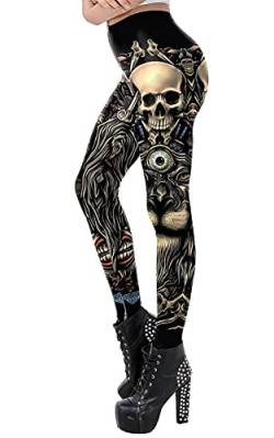 FEOYA Halloween Leggings Damen Stretchy Strumpfhosen Skinny Bleistifthose Hose 3D Druck Kürbis Galaxy Meerjungfrau Schädel Spinne Fisch Schuppen S-XL, totenkopf, XL von FEOYA