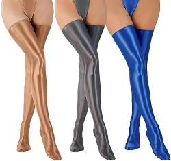 FEOYA Halterlose Strümpfe Damen Öl Glänzend Glanz Halterlose Overknee Strümpfe Clubwear Party Karneval Dessous Strümpfe Stockings Sexy 3 Paar von FEOYA