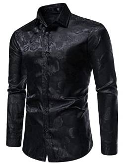 FEOYA Herren Blumenhemden Langarm Floral Muster Freizeithemd Satin Button Down Freizeithemden Mode Hemd für Herren Party Bar Hochzeit Leistung Schwarz XXL von FEOYA