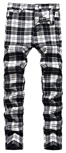 FEOYA Herren Gerades Bein Plaid Kleid Chino Hose/Casual Slim Fit Hohe Elastische Hose Baumwolle Mid Waist Klassisch High End Alle Jahreszeiten Größe 28-42, 02 Schwarz-Weiß, 42 von FEOYA