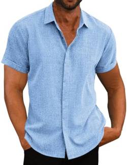 FEOYA Herren Hemd Leinenhemd Kurzarm Button Down Beach Shirt Casual Shirt Regular Fit Sommerhemd Herren Kurzarm Shirts Casual Urlaub Shirts Solid Color Blau XXL von FEOYA