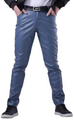 FEOYA Herren Kunstleder Hosen Slim Fit Stretch Hose aus PU Leder mit Taschen Faux Lederhose Herren Lederjeans Lang Bikerhose Blau 34 Bleistifthose Enge Hose Elastisch Motorrad Cosplay Sommer Frühling von FEOYA