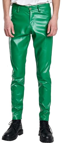 FEOYA Herren Kunstleder Hosen Slim Fit Stretch Hose aus PU Leder mit Taschen Faux Lederhose Herren Lederjeans Lang Bikerhose Grün 32 Bleistifthose Enge Hose Elastisch Motorrad Cosplay Sommer Frühling von FEOYA