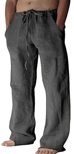 FEOYA Herren Leinenhose Leichte Sommerhose Lässige Yoga-Strandhose mit lockerer Passform und Kordelzug Baggy-Hose mit elastischem Bund Deep Grey L von FEOYA