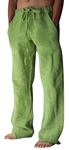 FEOYA Herren Leinenhose Leichte Sommerhose Lässige Yoga-Strandhose mit lockerer Passform und Kordelzug Baggy-Hose mit elastischem Bund Green M von FEOYA