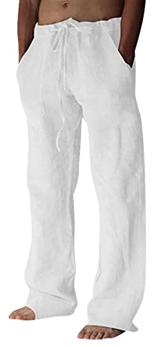 FEOYA Herren Leinenhose Leichte Sommerhose Lässige Yoga-Strandhose mit lockerer Passform und Kordelzug Baggy-Hose mit elastischem Bund White S von FEOYA