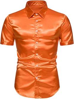 FEOYA Herren Luxus glänzend Kleid Hemden Seide wie Satin Kurze Ärmel Hemden Nacht Club Party Disco Prom Shirt A-Orange XL von FEOYA