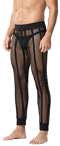 FEOYA Herren Männer Hose transparent Netz Leggings Nachtwäsche Sexy Transparent Mesh Pantyhose Sport Unterwäsche Hose Herren Mesh durchsichtige Lange Hose mit Kordelzug Schwarz L von FEOYA