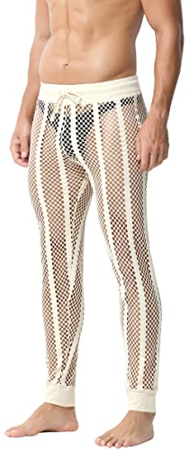 FEOYA Herren Männer Leggings Sexy Transparent Mesh Hose Männer Fischnetzhose Mesh durchsichtige Muskelleggings Strumpfhose Pantyhose Sport Unterwäsche Aprikose M von FEOYA