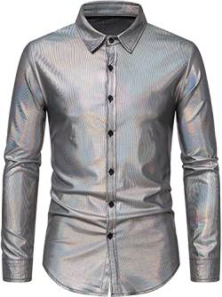 FEOYA Herren Metallic Gestreift Kleid Hemden Langarm Button Down Hemd Slim Fit Nachtclub Disco Party Kostüm Silber L von FEOYA