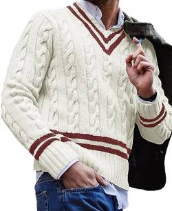 FEOYA Herren Pullover Zopfmuster Strick V-Ausschnitt Sweater Langarm Slim Fit Herbst Winter Pullover Strickwaren Weiß M von FEOYA