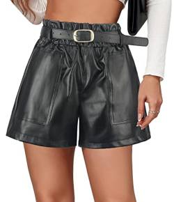 FEOYA Hoch taillierte Kunstleder Shorts Damen Taschen Shorts mit Weitem Bein mit Taschen Große Größe - M von FEOYA