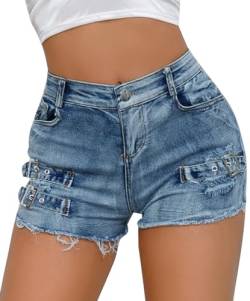 FEOYA Hotpants Denim-Shorts für Damen Hohe Taille Sommer Kurze Hosen Zerrissene Slim Fit Denim Jeans Shorts 02 Blau L von FEOYA