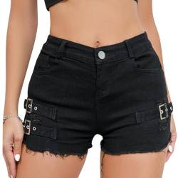 FEOYA Hotpants Denim-Shorts für Damen Hohe Taille Sommer Kurze Hosen Zerrissene Slim Fit Denim Jeans Shorts 02 Schwarz L von FEOYA