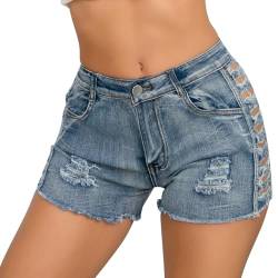 FEOYA Hotpants Denim-Shorts für Damen Hohe Taille Sommer Kurze Hosen Zerrissene Slim Fit Denim Jeans Shorts 03 BU S von FEOYA