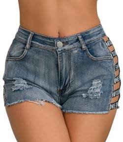 FEOYA Hotpants Denim-Shorts für Damen Hohe Taille Sommer Kurze Hosen Zerrissene Slim Fit Denim Jeans Shorts 03 Blau L von FEOYA