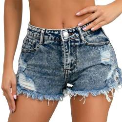 FEOYA Hotpants Denim-Shorts für Damen Hohe Taille Sommer Kurze Hosen Zerrissene Slim Fit Denim Jeans Shorts 04 BU S von FEOYA