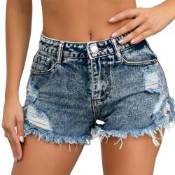 FEOYA Hotpants Denim-Shorts für Damen Hohe Taille Sommer Kurze Hosen Zerrissene Slim Fit Denim Jeans Shorts 04 BU XXL von FEOYA