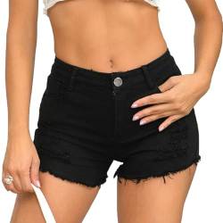 FEOYA Hotpants Denim-Shorts für Damen Hohe Taille Sommer Kurze Hosen Zerrissene Slim Fit Denim Jeans Shorts 05 Schwarz L von FEOYA