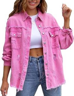 FEOYA Jeansjacke Damen Basics Stretch Jean Jacket Distressed Ripped Denim Jacket Moda Mantel Outwear Coat Herbst Frühling Übergangsjacke XXL Rosa von FEOYA