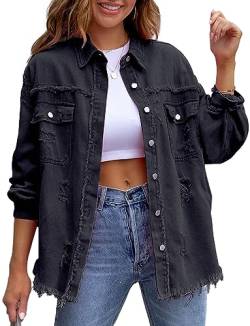 FEOYA Jeansjacke Damen Basics Stretch Jean Jacket Distressed Ripped Denim Jacket Moda Mantel Outwear Coat Herbst Frühling Übergangsjacke XXL Schwarz von FEOYA