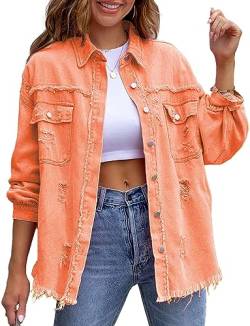 FEOYA Jeansjacke Damen Denim Jacke Mantel Basics Frühling Herbst Langarm Casual Moda Outwear Distressed Ripped Frayed Denim Jacket S Orange von FEOYA