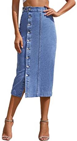 FEOYA Jeansrock Für Damen Knopf Oben Geteilt Jeans Röcke Straigh Denim Rock Blau 1 XS von FEOYA