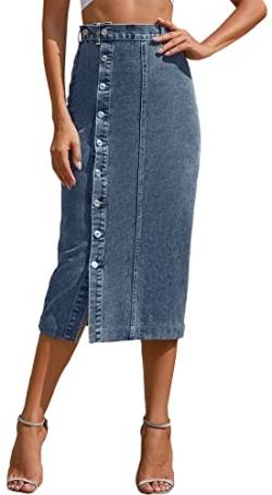 FEOYA Jeansrock Für Damen Knopf Oben Geteilt Jeans Röcke Straigh Denim Rock Blau 2 L von FEOYA