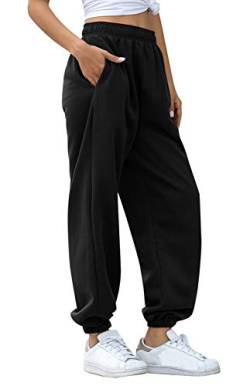 FEOYA Jogginghose Damen Schwarz Jogginghose Damen Loose Fit Jogginghose Damen High Waist Freizeithose Sporthose Lang Sweathose Sweatpants Damen Baumwolle Trainingshose Fitness mit Tasche M von FEOYA