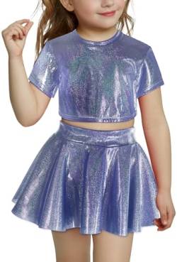 FEOYA Kinder Mädchen Tanzkostüm Hip-Hop Jazz Bekleidung Glänzend Jungen Tanzkleidung Unisex Street Dance Kleidung Kostüm T-Shirt Faltenrock Set Blau 2 5-6 Jahre von FEOYA