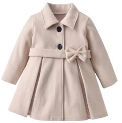 FEOYA Kinder Mantel Herbst Mädchen Wollmantel Zweireiher Winter Kleinkind Wolljacke Reverskragen Baby Strickjacke Oberbekleidung Langer Jacke Wolle Fliege Beige 100 von FEOYA