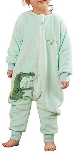 FEOYA Kinder Schlafsack mit Ärmeln Baby Schlafsack Flanell Pyjama Junge Mädchen Winter Herbst Cartoon Schlafanzug Tier Kostüm Set Neugeborenes Grün 2-3 Jahre von FEOYA