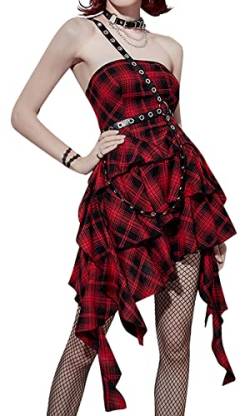 FEOYA Kleid Damen Lässiger Kurz Schnüren Sie Sich Gothic Goth dressTartan Gothic Goth dressRock Sommer Plaid Print Mini Kleider Cosplay Halloween Kostüm Damen - L von FEOYA