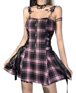 FEOYA Kleid Damen Lässiger Kurz Schnüren Sie Sich Gothic Goth dressTartan Gothic Goth dressRock Sommer Plaid Print Mini Kleider Cosplay Halloween Kostüm Damen - L von FEOYA