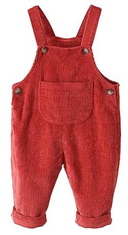 FEOYA Kleinkind Bodysuit Unisex Kind Cord Latzhose Gerippter Samt Arbeitshose Hosenträger Taschen Overall Hosen Jungen Mädchen Knöpfe Outfit Neugeborenen Latzhose Frühling Herbst Rot 80 von FEOYA